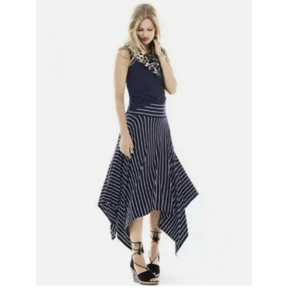 Cabi Navy Blue & White Striped Twirl Midi Skirt Size M Syle 5183 Nautical